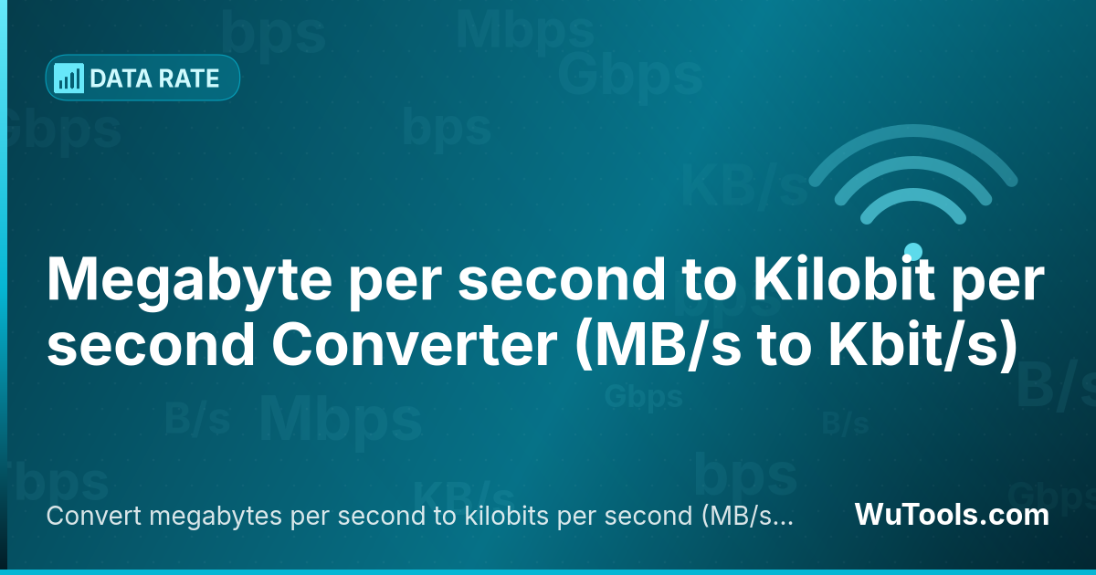 Conversor de Megabyte por segundo para Kilobit por segundo — Converta megabytes por segundo para kilobits por segundo grátis. 1 MB/s = 8000 Kbit/s. Conversor preciso com fórmula, ex