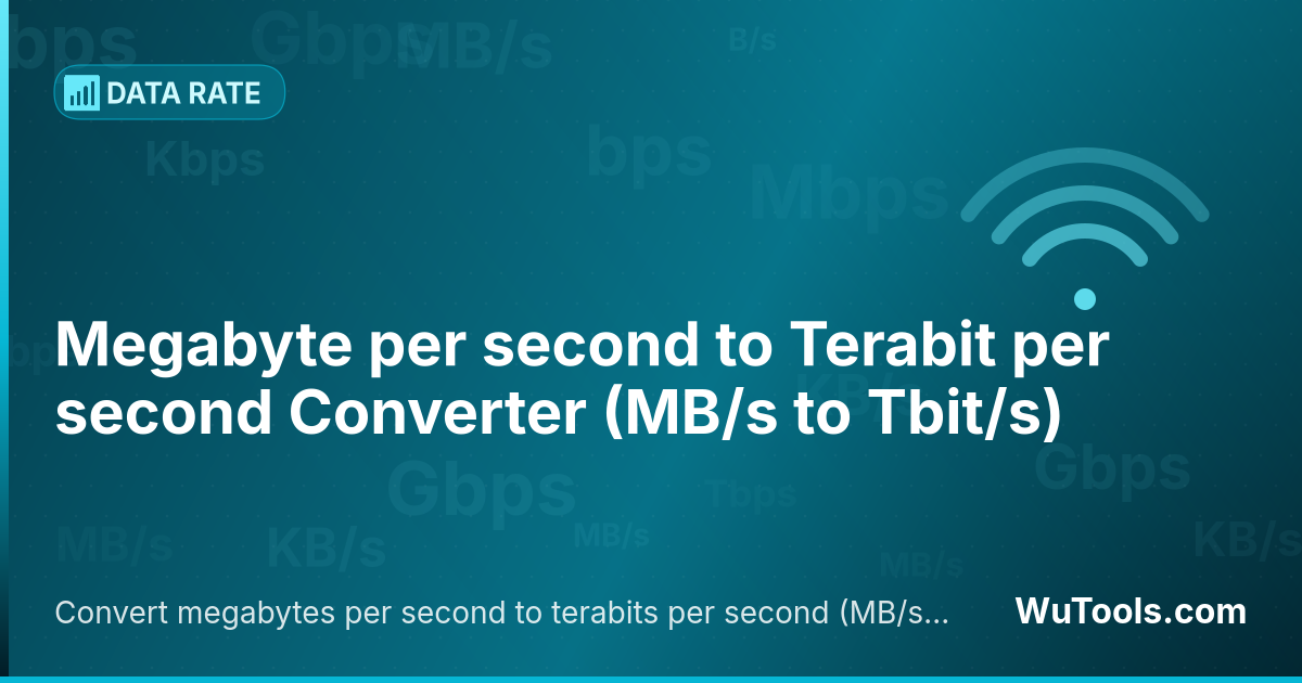 Conversor de Megabyte por segundo para Terabit por segundo — Converta megabytes por segundo para terabits por segundo grátis. 1 MB/s = 0.000008 Tbit/s. Conversor preciso com fórmula