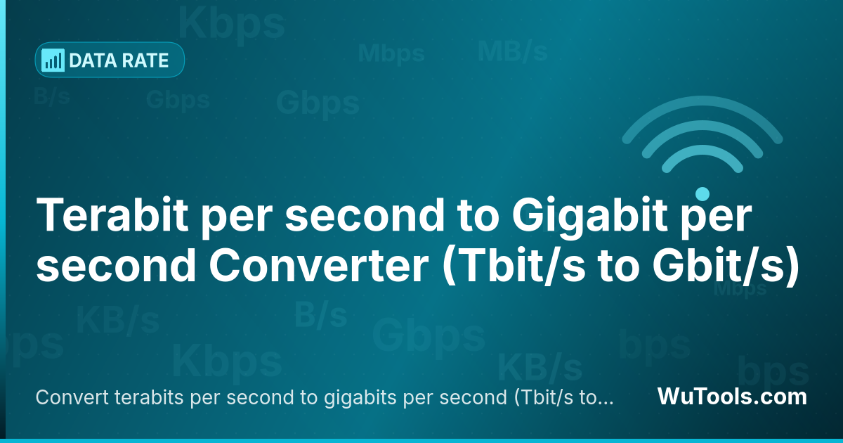 Conversor de Terabit por segundo para Gigabit por segundo — Converta terabits por segundo para gigabits por segundo grátis. 1 Tbit/s = 1000 Gbit/s. Conversor preciso com fórmula, e