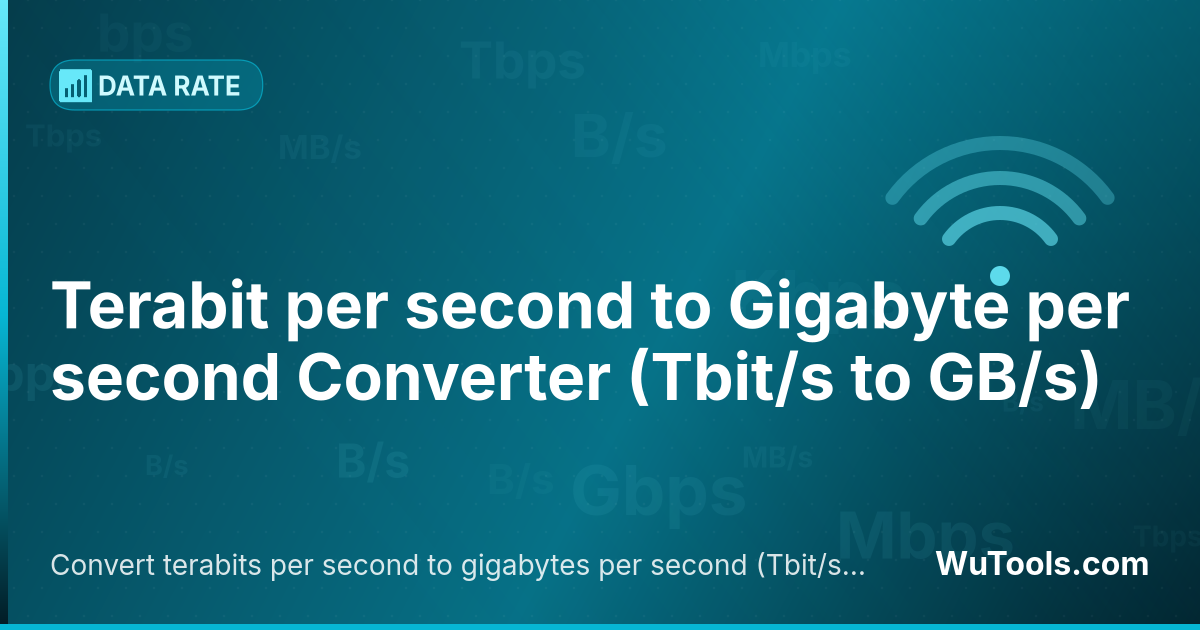 Conversor de Terabit por segundo para Gigabyte por segundo — Converta terabits por segundo para gigabytes por segundo grátis. 1 Tbit/s = 125 GB/s. Conversor preciso com fórmula, exe
