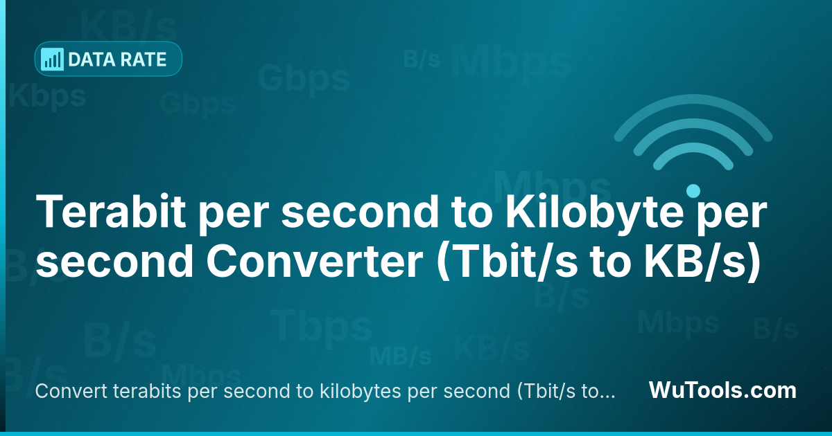 Conversor de Terabit por segundo para Kilobyte por segundo — Converta terabits por segundo para kilobytes por segundo grátis. 1 Tbit/s = 125,000,000 KB/s. Conversor preciso com fórm