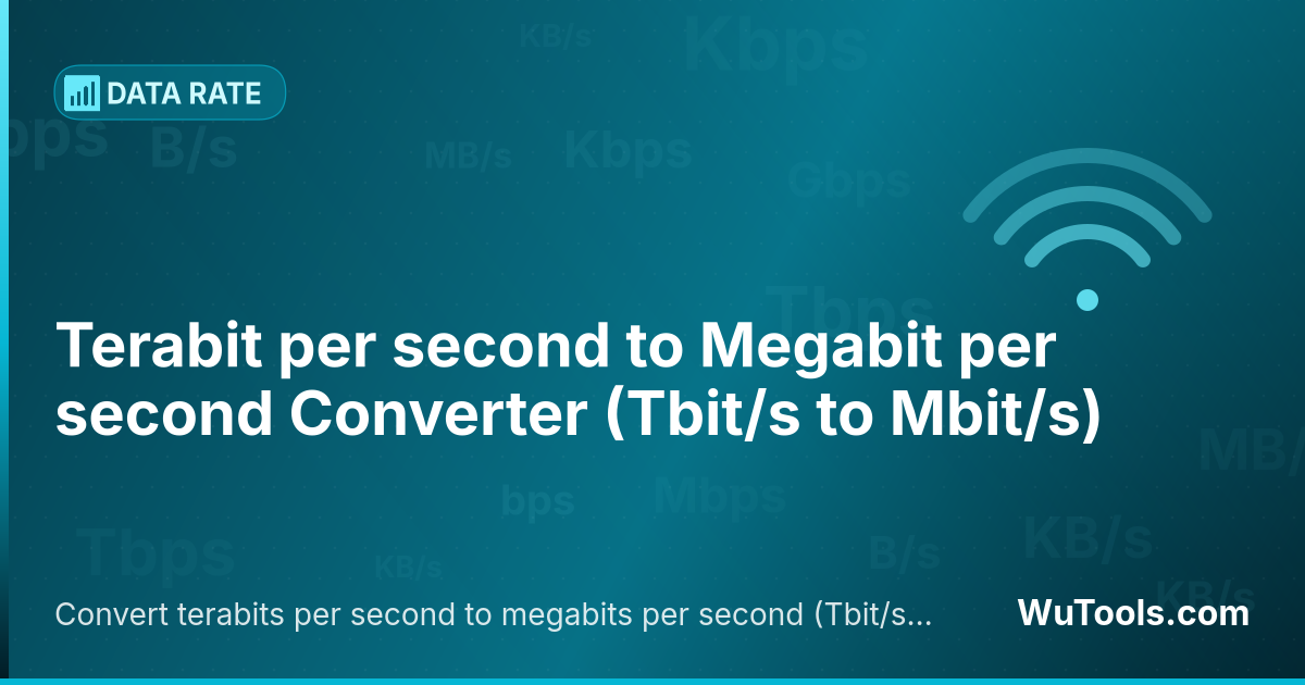 Conversor de Terabit por segundo para Megabit por segundo — Converta terabits por segundo para megabits por segundo grátis. 1 Tbit/s = 1,000,000 Mbit/s. Conversor preciso com fórmu