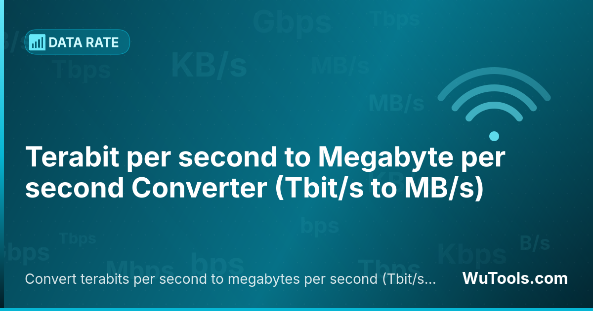 Conversor de Terabit por segundo para Megabyte por segundo — Converta terabits por segundo para megabytes por segundo grátis. 1 Tbit/s = 125000 MB/s. Conversor preciso com fórmula,