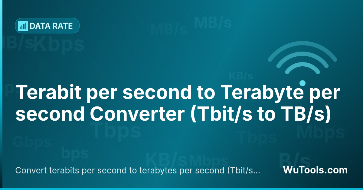 Conversor de Terabit por segundo para Terabyte por segundo — Converta terabits por segundo para terabytes por segundo grátis. 1 Tbit/s = 0.125 TB/s. Conversor preciso com fórmula, e