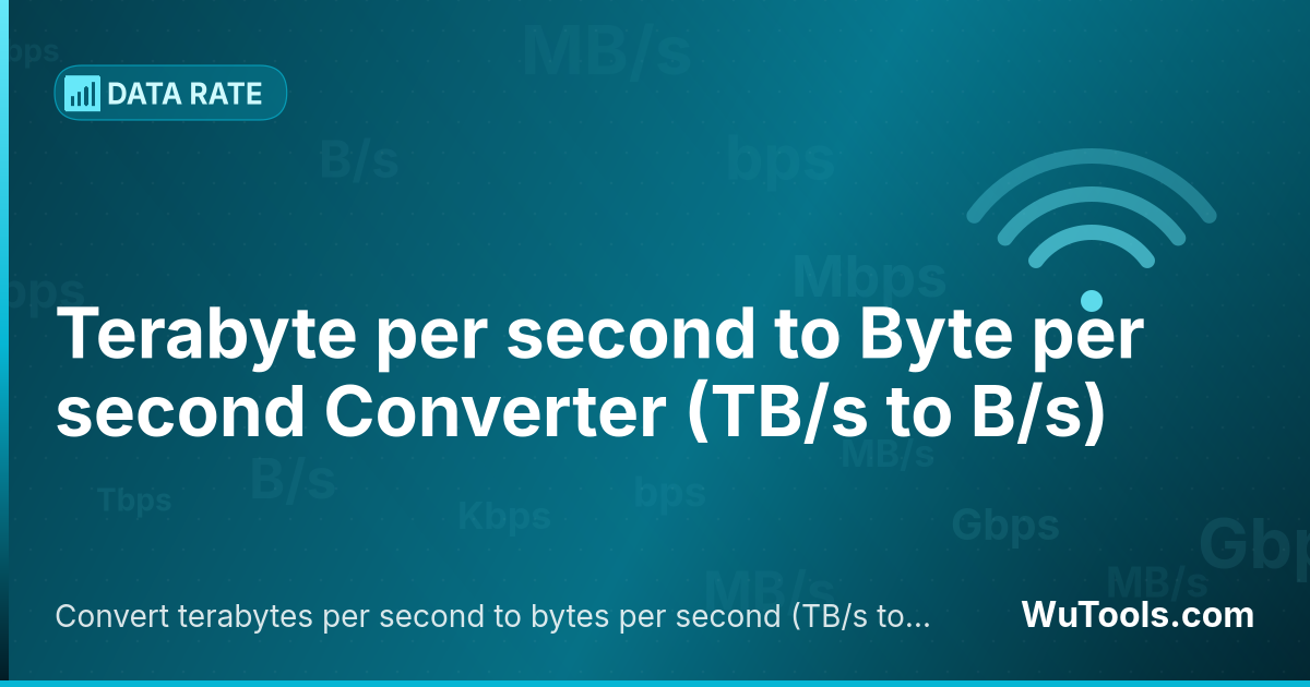 Conversor de Terabyte por segundo para Byte por segundo — Converta terabytes por segundo para bytes por segundo grátis. 1 TB/s = 1,000,000,000,000 B/s. Conversor preciso com fórm