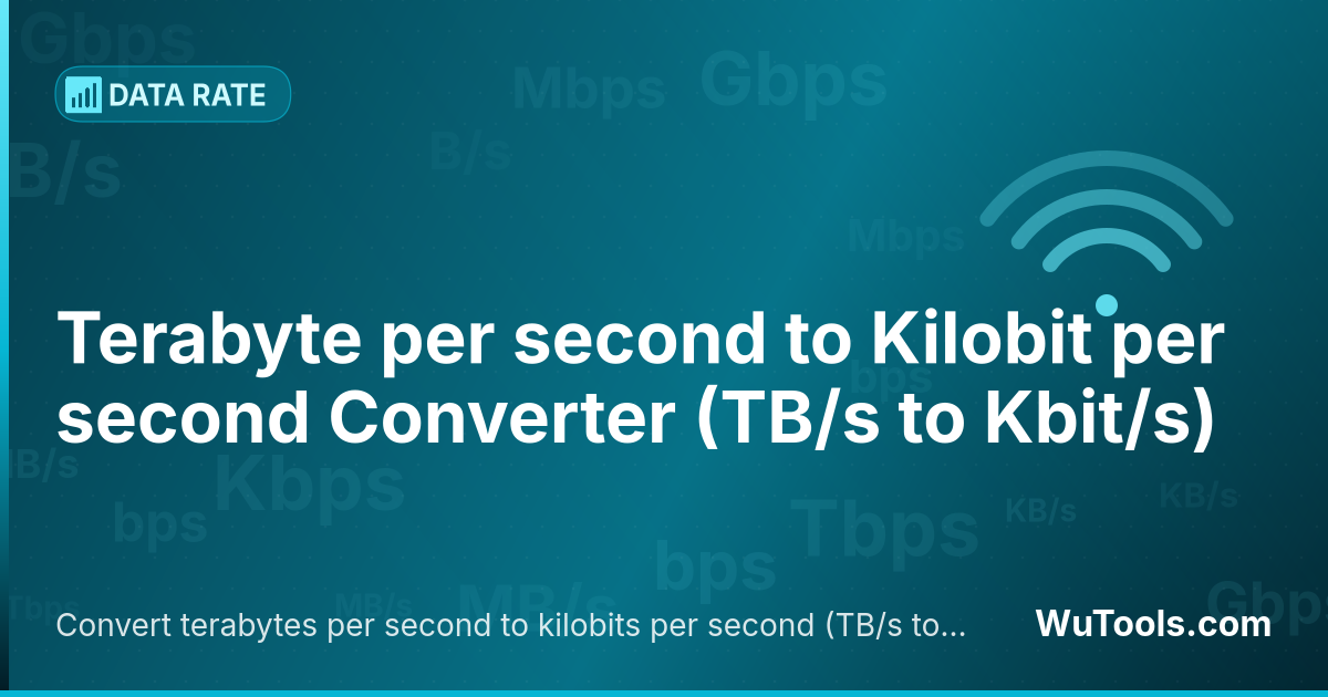 Conversor de Terabyte por segundo para Kilobit por segundo — Converta terabytes por segundo para kilobits por segundo grátis. 1 TB/s = 8,000,000,000 Kbit/s. Conversor preciso com fó
