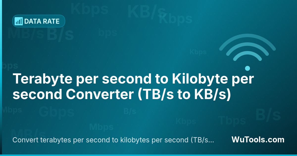 Conversor de Terabyte por segundo para Kilobyte por segundo — Converta terabytes por segundo para kilobytes por segundo grátis. 1 TB/s = 1,000,000,000 KB/s. Conversor preciso com fór