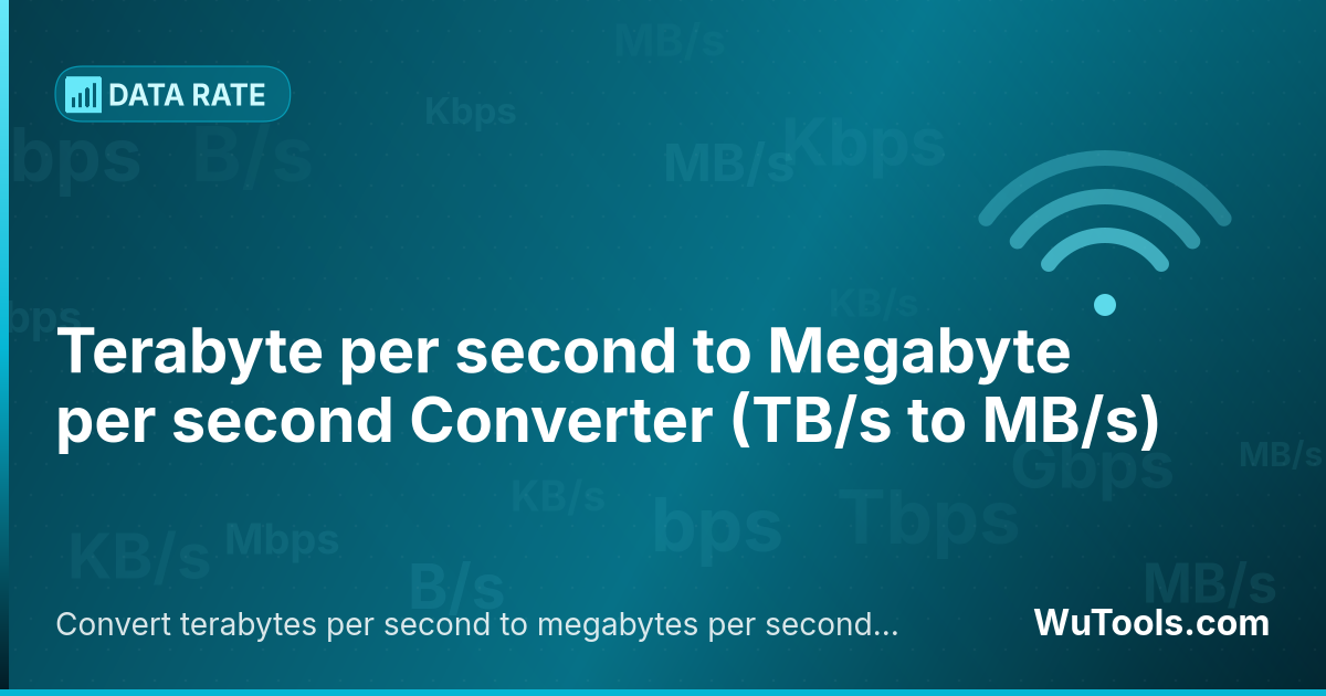Conversor de Terabyte por segundo para Megabyte por segundo — Converta terabytes por segundo para megabytes por segundo grátis. 1 TB/s = 1,000,000 MB/s. Conversor preciso com fórmula