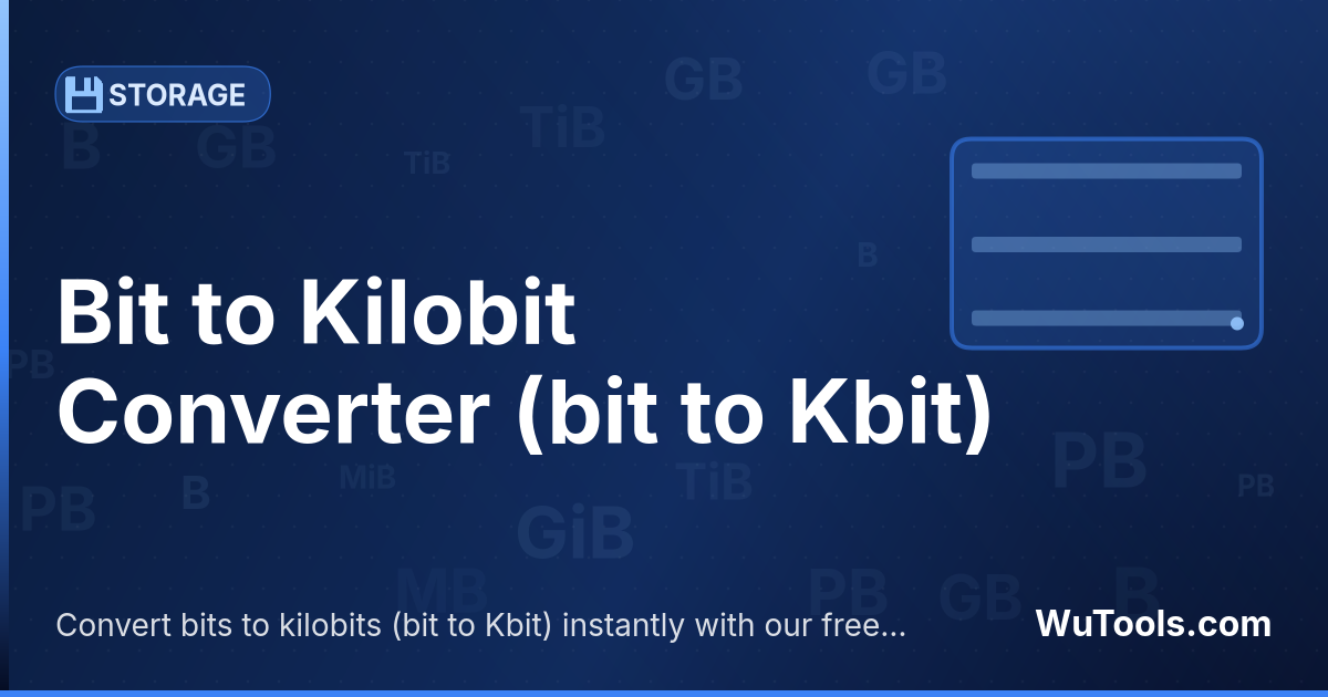 Conversor de Bit para Kilobit — Converta bits para kilobits grátis. 1 bit = 0.0009765625 Kbit. Conversor preciso com fórmula, exemplos e tabela de conve
