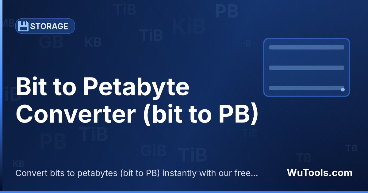 Conversor de Bit para Petabyte — Converta bits para petabytes grátis. 1 bit = 0 PB. Conversor preciso com fórmula, exemplos e tabela de conversão online.