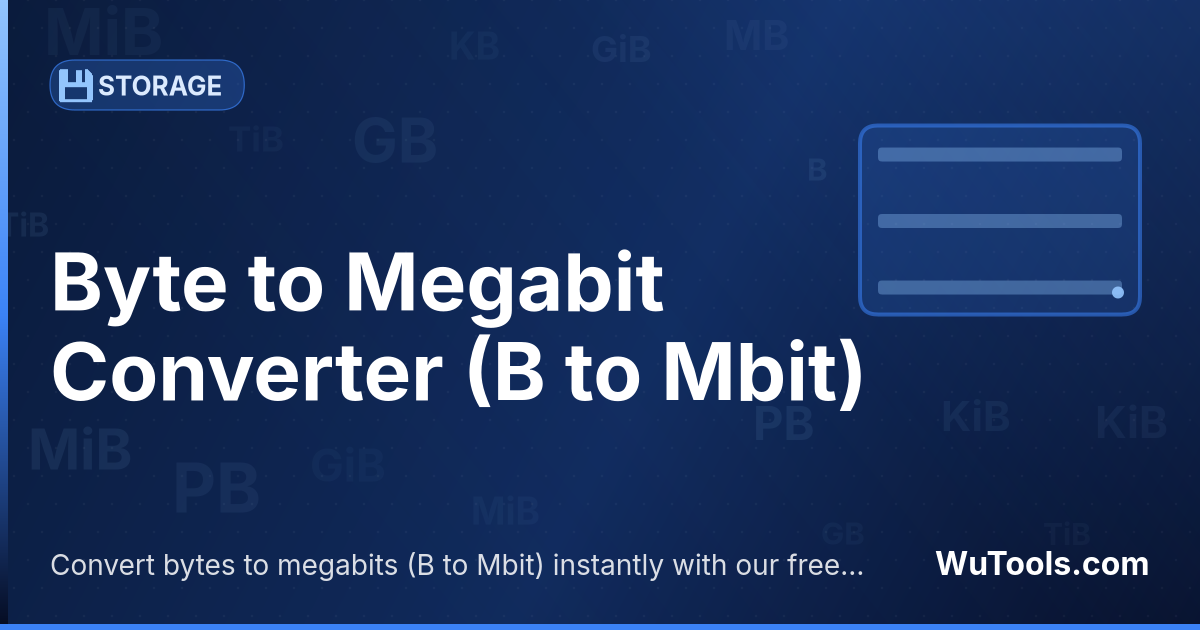 Conversor de Byte para Megabit — Converta bytes para megabits grátis. 1 B = 0.000007629395 Mbit. Conversor preciso com fórmula, exemplos e tabela de conv