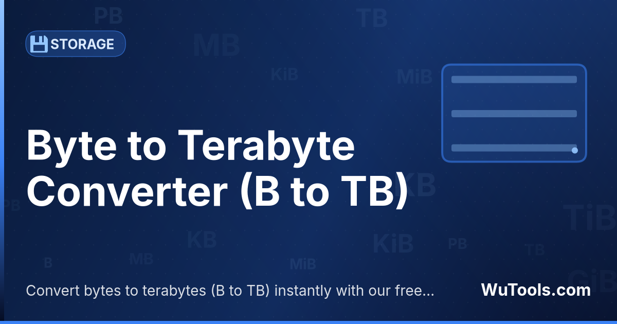 Conversor de Byte para Terabyte — Converta bytes para terabytes grátis. 1 B = 1e-12 TB. Conversor preciso com fórmula, exemplos e tabela de conversão onli