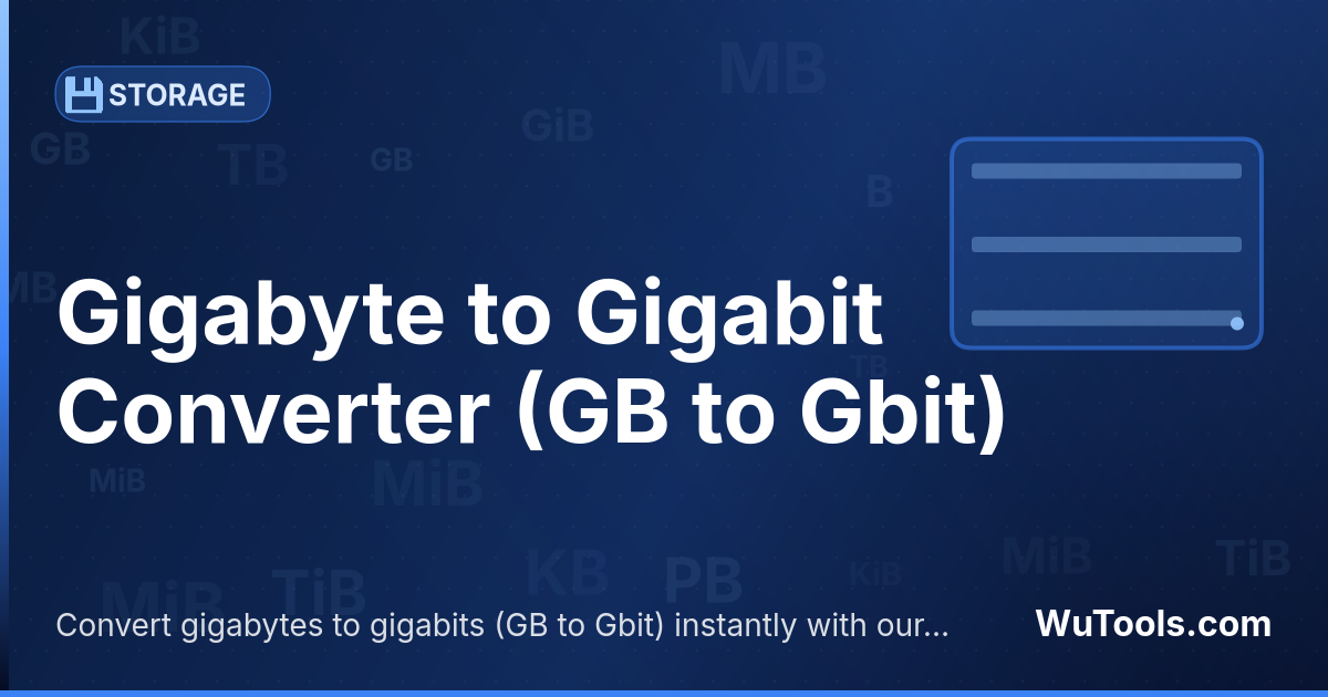 Conversor de Gigabyte para Gigabit — Converta gigabytes para gigabits grátis. 1 GB = 8 Gbit. Conversor preciso com fórmula, exemplos e tabela de conversão on