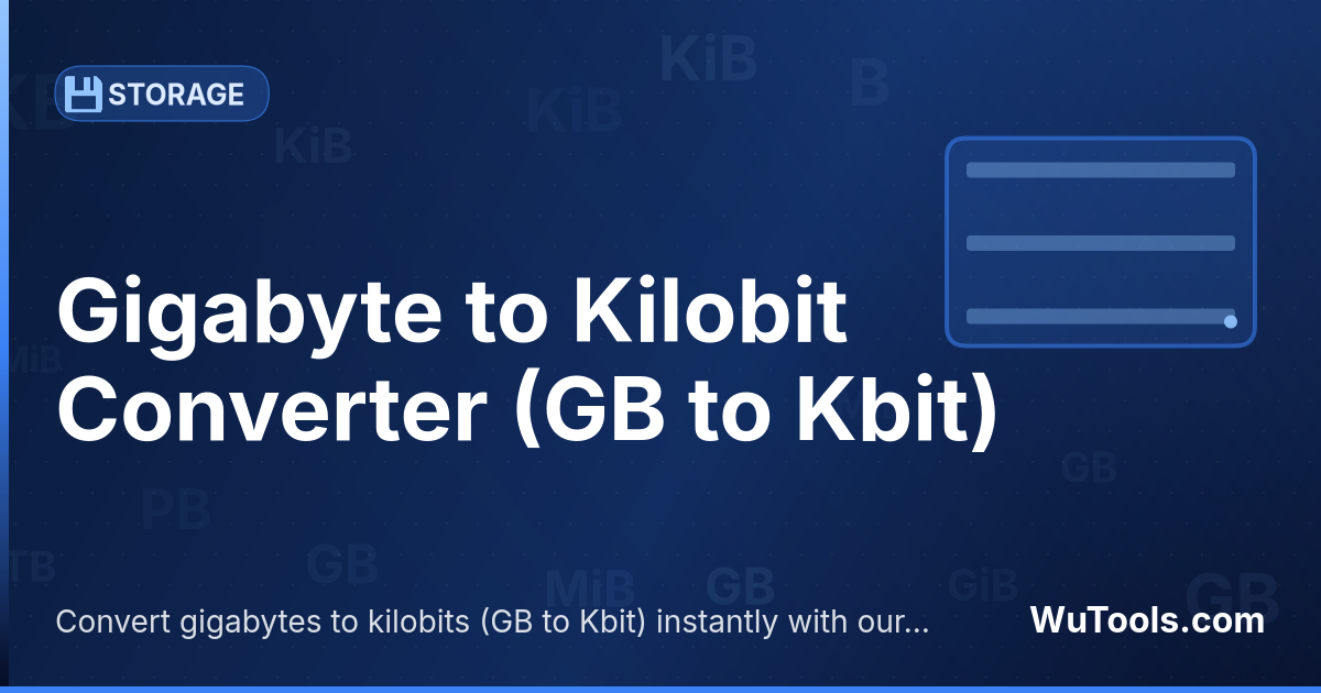 Convertisseur Gigaoctet vers Kilobit — Convertir gigaoctets vers kilobits gratuitement. 1 GB = 8,388,608 Kbit. Convertisseur précis avec formule, exemples et t