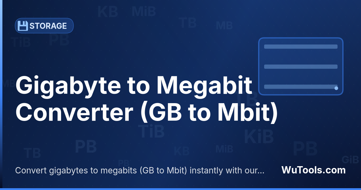 Conversor de Gigabyte para Megabit — Converta gigabytes para megabits grátis. 1 GB = 8192 Mbit. Conversor preciso com fórmula, exemplos e tabela de conversão