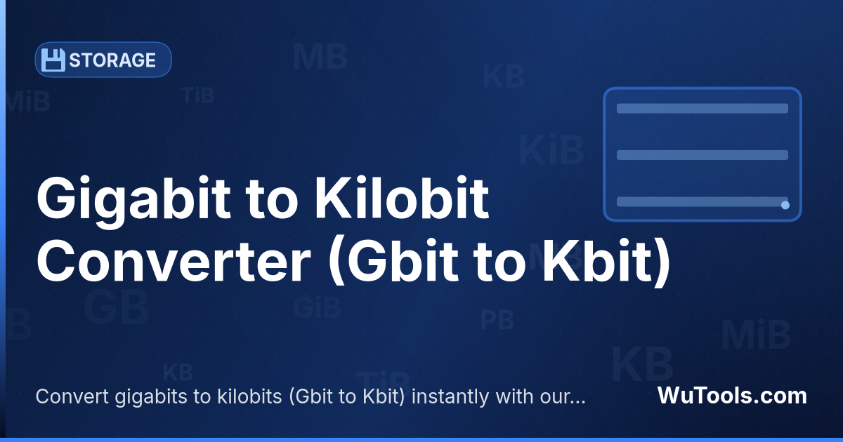 Conversor de Gigabit para Kilobit — Converta gigabits para kilobits grátis. 1 Gbit = 1,048,576 Kbit. Conversor preciso com fórmula, exemplos e tabela de con