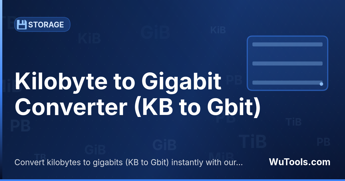 Conversor de Kilobyte para Gigabit — Converta kilobytes para gigabits grátis. 1 KB = 0.000007629395 Gbit. Conversor preciso com fórmula, exemplos e tabela de