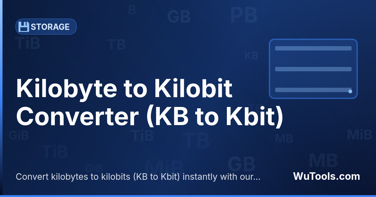 Conversor de Kilobyte para Kilobit — Converta kilobytes para kilobits grátis. 1 KB = 8 Kbit. Conversor preciso com fórmula, exemplos e tabela de conversão on