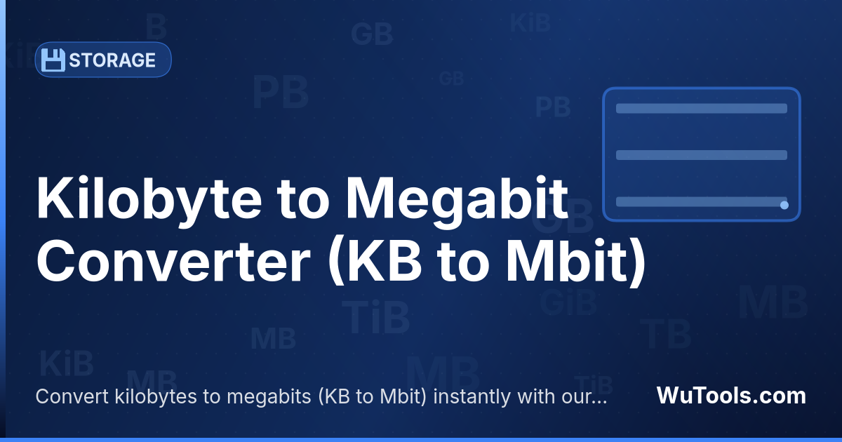 Conversor de Kilobyte para Megabit — Converta kilobytes para megabits grátis. 1 KB = 0.0078125 Mbit. Conversor preciso com fórmula, exemplos e tabela de conv