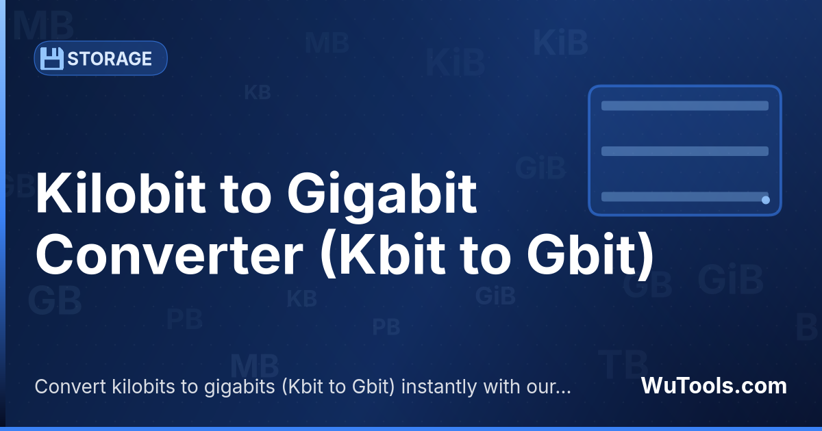 Conversor de Kilobit para Gigabit — Converta kilobits para gigabits grátis. 1 Kbit = 9.53674e-7 Gbit. Conversor preciso com fórmula, exemplos e tabela de co