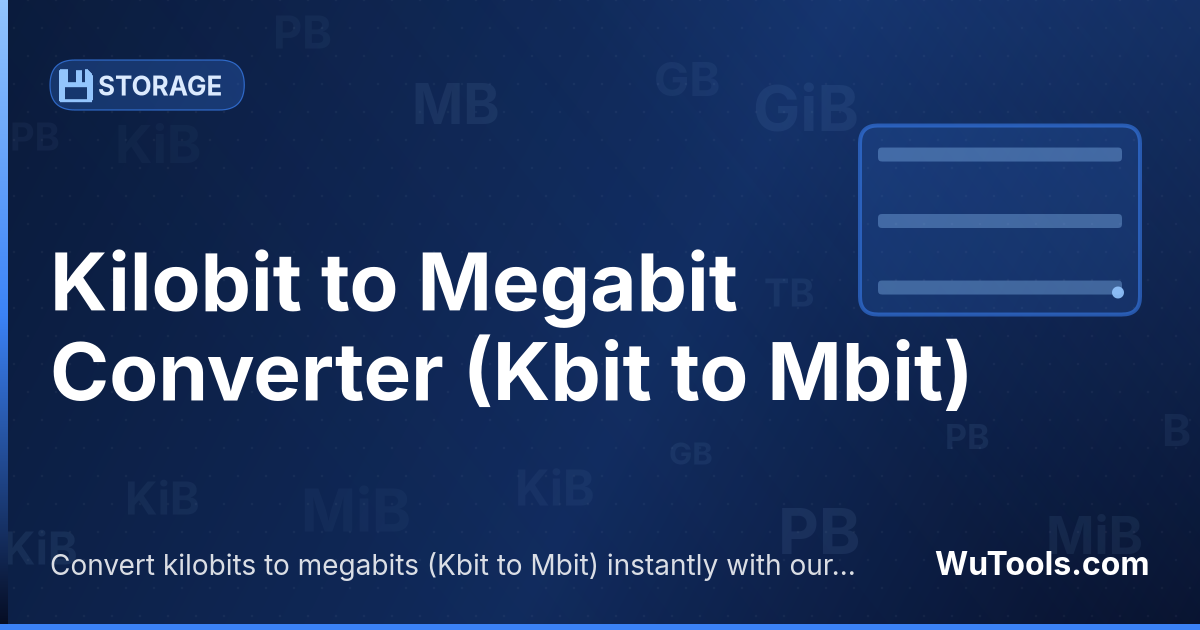 Conversor de Kilobit para Megabit — Converta kilobits para megabits grátis. 1 Kbit = 0.0009765625 Mbit. Conversor preciso com fórmula, exemplos e tabela de