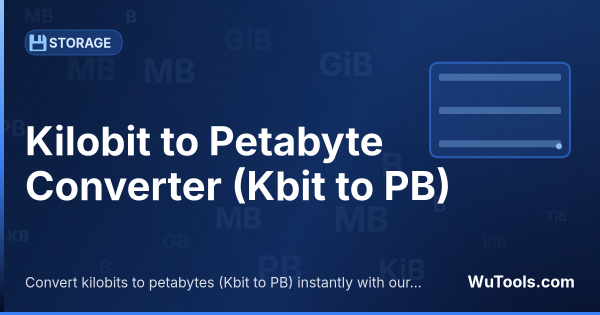 Conversor de Kilobit para Petabyte — Converta kilobits para petabytes grátis. 1 Kbit = 0 PB. Conversor preciso com fórmula, exemplos e tabela de conversão on