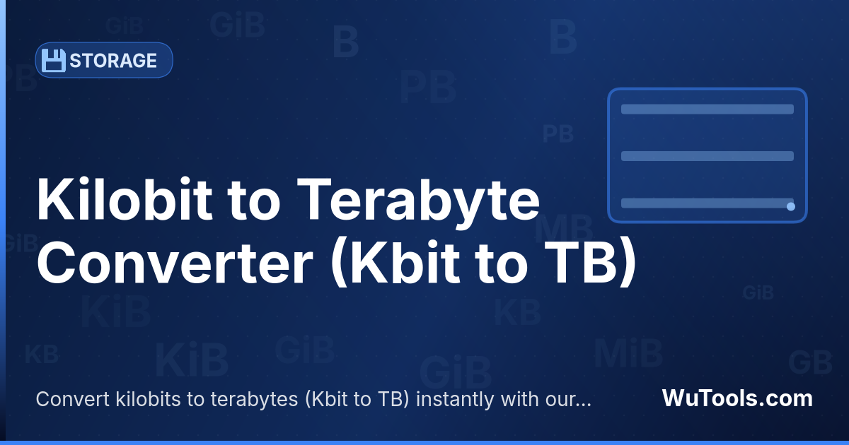 Convertisseur Kilobit vers Téraoctet — Convertir kilobits vers téraoctets gratuitement. 1 Kbit = 1.16e-10 TB. Convertisseur précis avec formule, exemples et ta