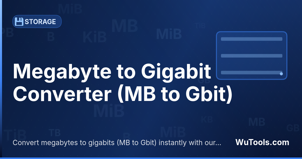 Conversor de Megabyte para Gigabit — Converta megabytes para gigabits grátis. 1 MB = 0.0078125 Gbit. Conversor preciso com fórmula, exemplos e tabela de conv