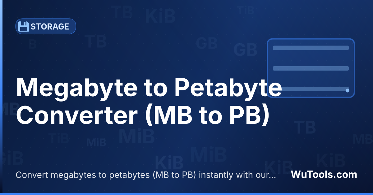 Conversor de Megabyte para Petabyte — Converta megabytes para petabytes grátis. 1 MB = 9.31e-10 PB. Conversor preciso com fórmula, exemplos e tabela de conver