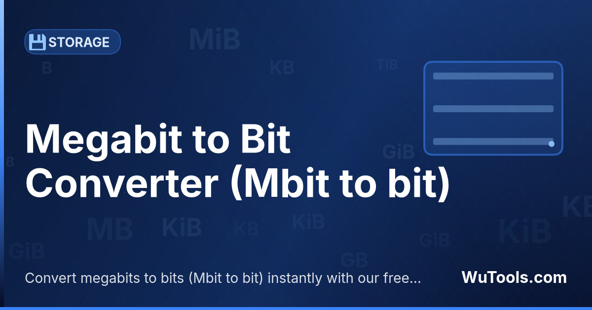 Conversor de Megabit para Bit — Converta megabits para bits grátis. 1 Mbit = 1,048,576 bit. Conversor preciso com fórmula, exemplos e tabela de conversã
