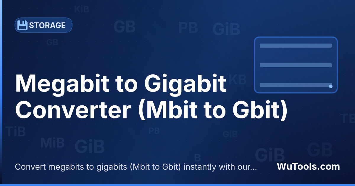 Conversor de Megabit para Gigabit — Converta megabits para gigabits grátis. 1 Mbit = 0.0009765625 Gbit. Conversor preciso com fórmula, exemplos e tabela de