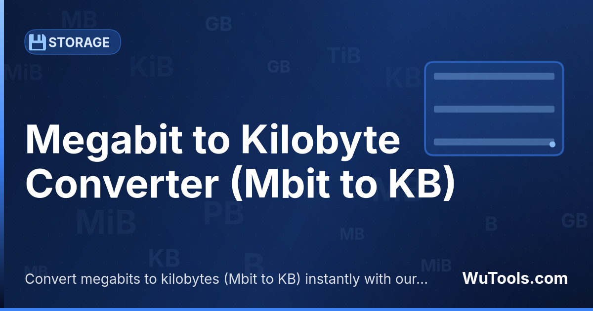 Convertisseur Mégabit vers Kilooctet — Convertir mégabits vers kilooctets gratuitement. 1 Mbit = 128 KB. Convertisseur précis avec formule, exemples et table d