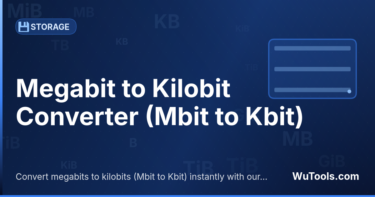 Conversor de Megabit para Kilobit — Converta megabits para kilobits grátis. 1 Mbit = 1024 Kbit. Conversor preciso com fórmula, exemplos e tabela de conversã