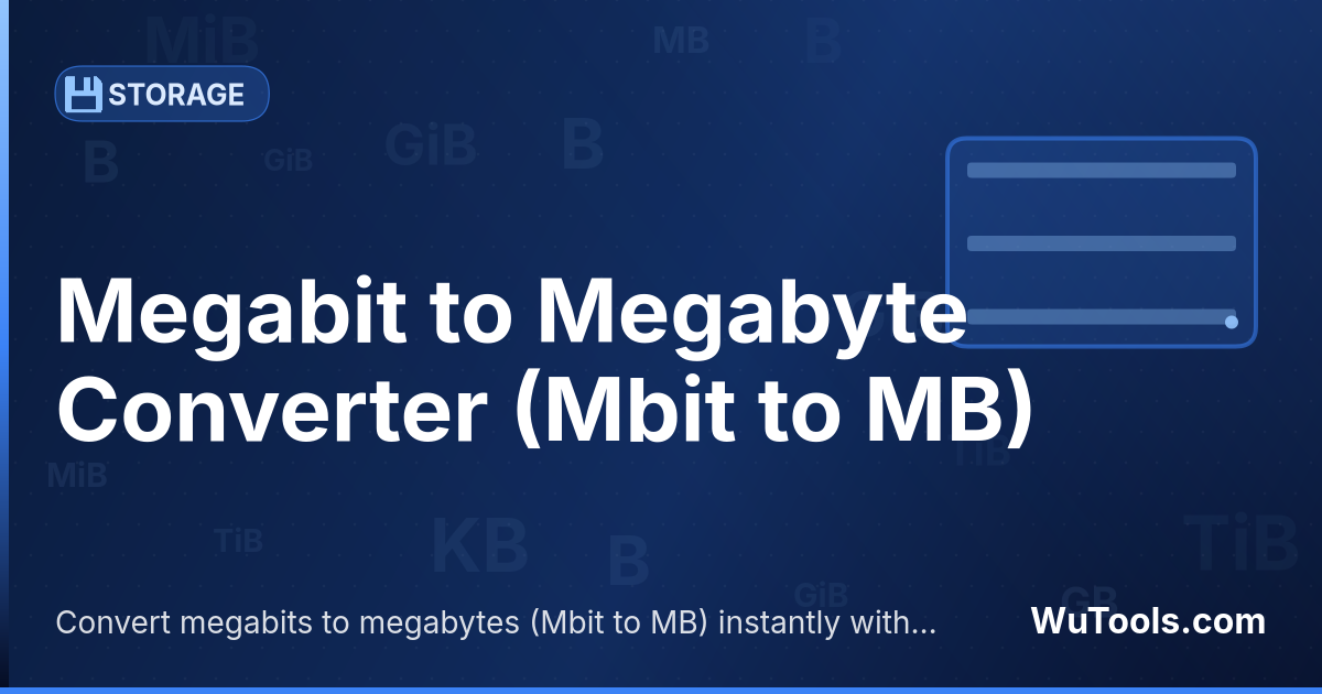Conversor de Megabit para Megabyte — Converta megabits para megabytes grátis. 1 Mbit = 0.125 MB. Conversor preciso com fórmula, exemplos e tabela de conversã
