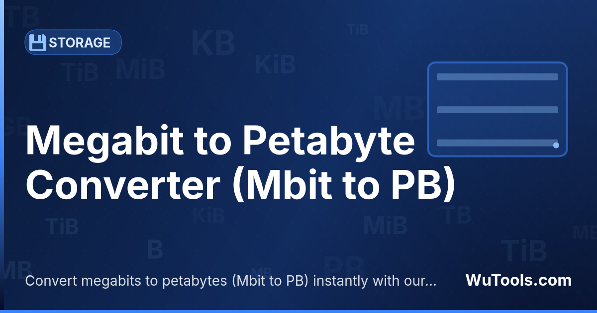 Conversor de Megabit para Petabyte — Converta megabits para petabytes grátis. 1 Mbit = 1.16e-10 PB. Conversor preciso com fórmula, exemplos e tabela de conve