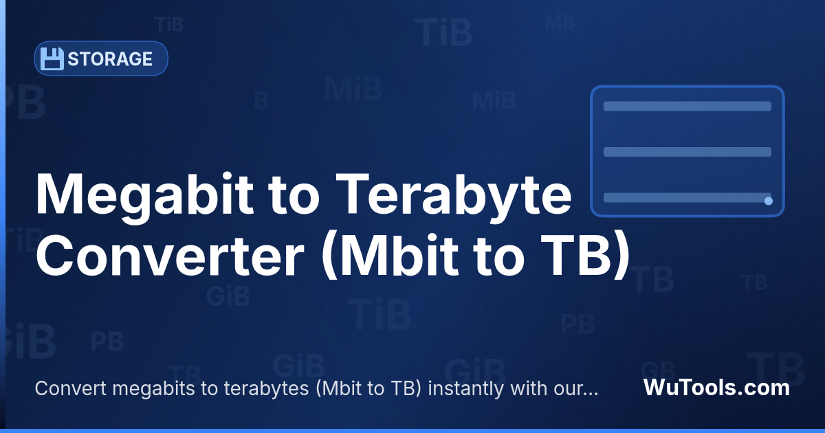 Conversor de Megabit para Terabyte — Converta megabits para terabytes grátis. 1 Mbit = 1.19209e-7 TB. Conversor preciso com fórmula, exemplos e tabela de con