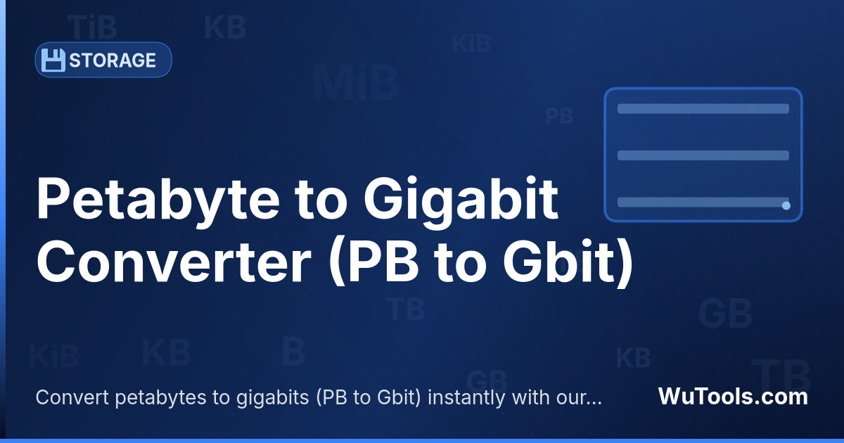Conversor de Petabyte para Gigabit — Converta petabytes para gigabits grátis. 1 PB = 8,388,608 Gbit. Conversor preciso com fórmula, exemplos e tabela de conv