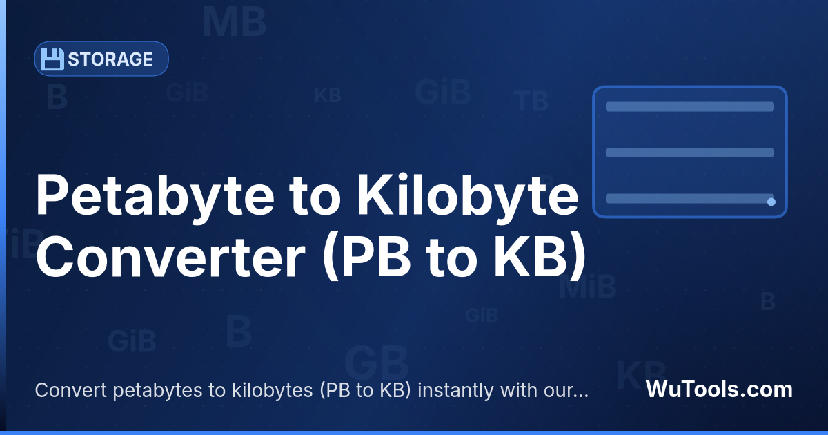 Conversor de Petabyte para Kilobyte — Converta petabytes para kilobytes grátis. 1 PB = 1,099,511,627,776 KB. Conversor preciso com fórmula, exemplos e tabela