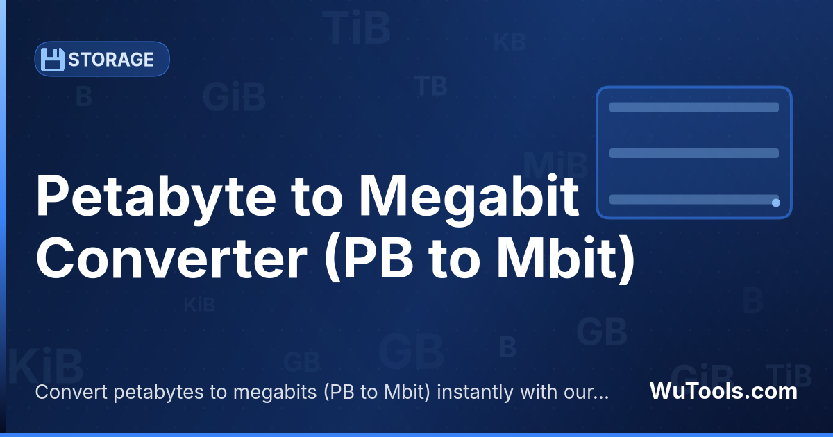 Convertisseur Pétaoctet vers Mégabit — Convertir pétaoctets vers mégabits gratuitement. 1 PB = 8,589,934,592 Mbit. Convertisseur précis avec formule, exemples