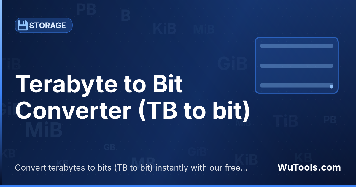 Convertisseur Téraoctet vers Bit — Convertir téraoctets vers bits gratuitement. 1 TB = 8,796,093,022,208 bit. Convertisseur précis avec formule, exemples e
