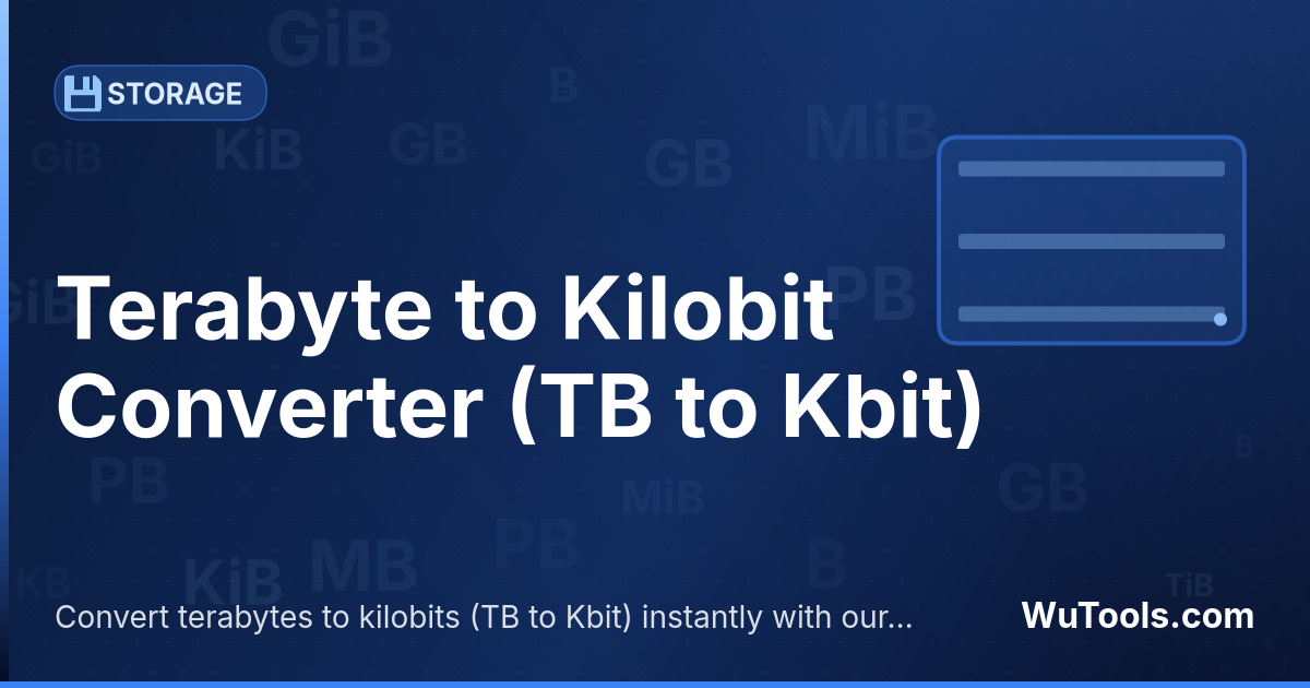 Conversor de Terabyte para Kilobit — Converta terabytes para kilobits grátis. 1 TB = 8,589,934,592 Kbit. Conversor preciso com fórmula, exemplos e tabela de