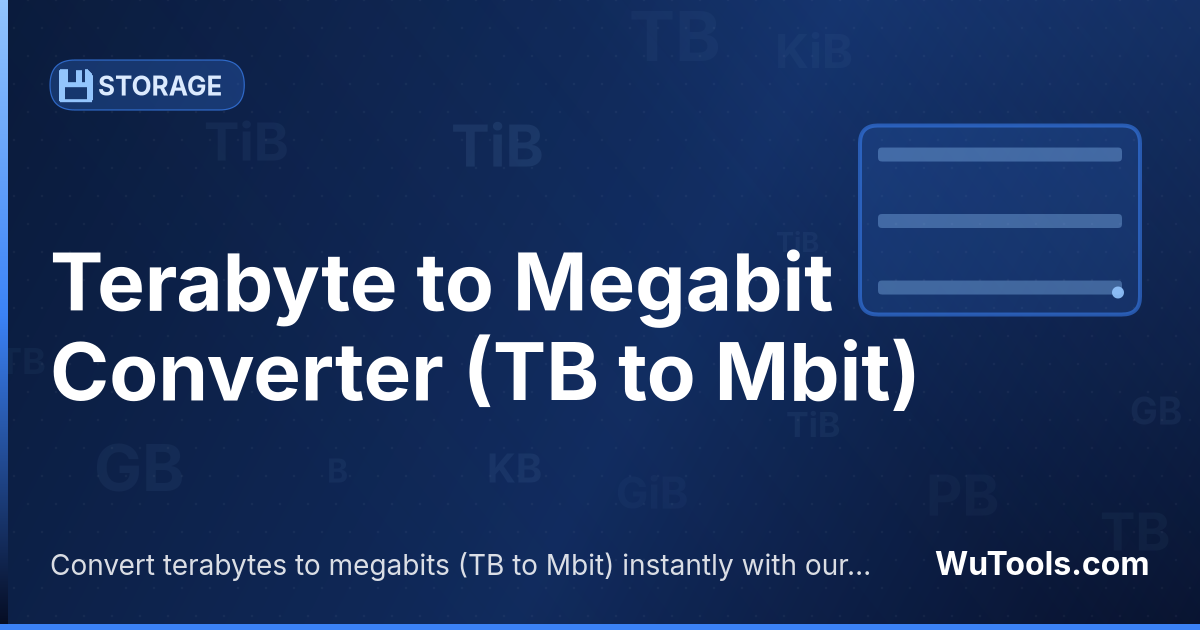 Conversor de Terabyte para Megabit — Converta terabytes para megabits grátis. 1 TB = 8,388,608 Mbit. Conversor preciso com fórmula, exemplos e tabela de conv