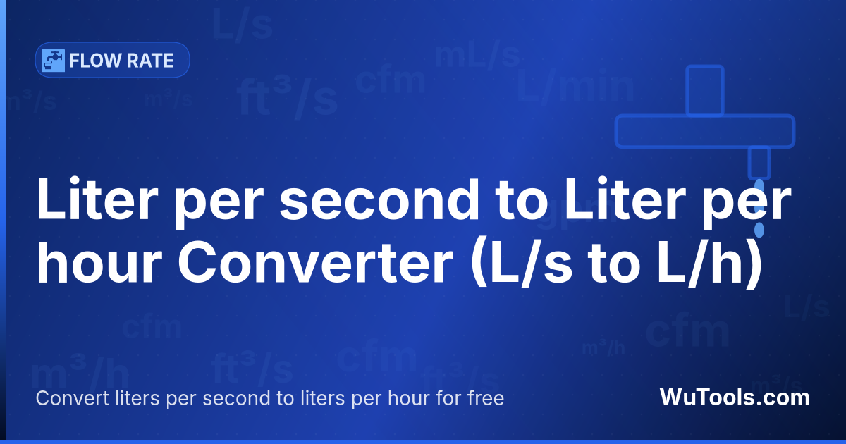Conversor de Litro por segundo para Litro por hora — Converta litros por segundo para litros por hora grátis. 1 L/s = 3599.999999999997 L/h. Conversor preciso com fórmula, e