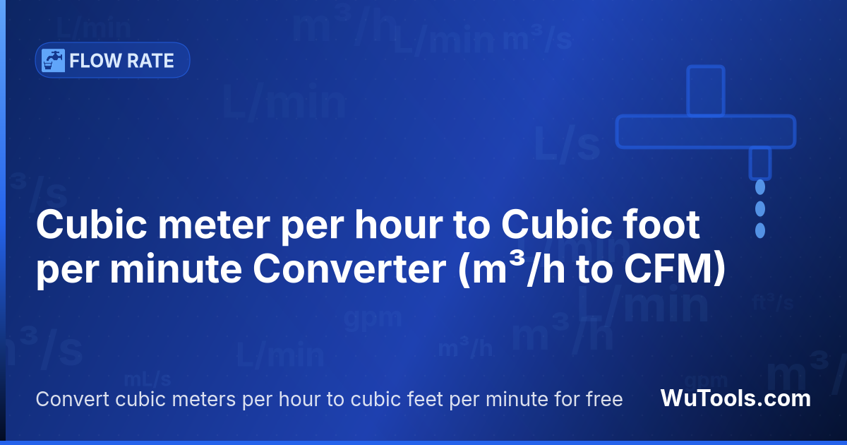 Conversor de Metro cúbico por hora para Pé cúbico por minuto — Converta metros cúbicos por hora para pés cúbicos por minuto grátis. 1 m³/h = 0.588577778941 CFM. Conversor preciso com