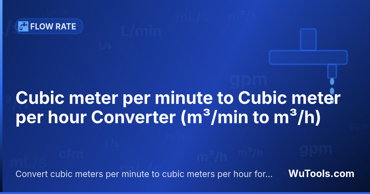 Conversor de Metro cúbico por minuto para Metro cúbico por hora — Converta metros cúbicos por minuto para metros cúbicos por hora grátis. 1 m³/min = 60 m³/h. Conversor preciso com fórmul