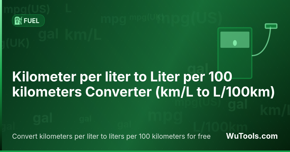 Kilometer per liter to Liter per 100 kilometers Converter — Convert kilometers per liter to liters per 100 kilometers for free. km/L = 100 ÷ L/100km. Accurate converter with formul