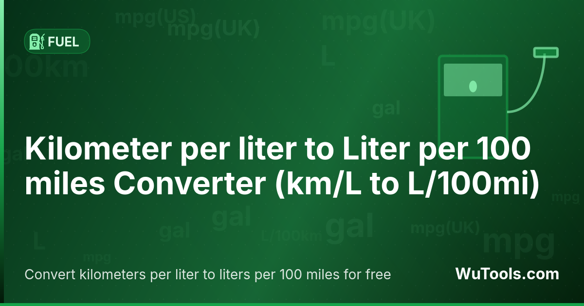 Conversor de Quilômetro por litro para Litro por 100 milhas — Converta quilômetros por litro para litros por 100 milhas grátis. km/L = 100 ÷ L/100mi. Conversor preciso com fórmula, e