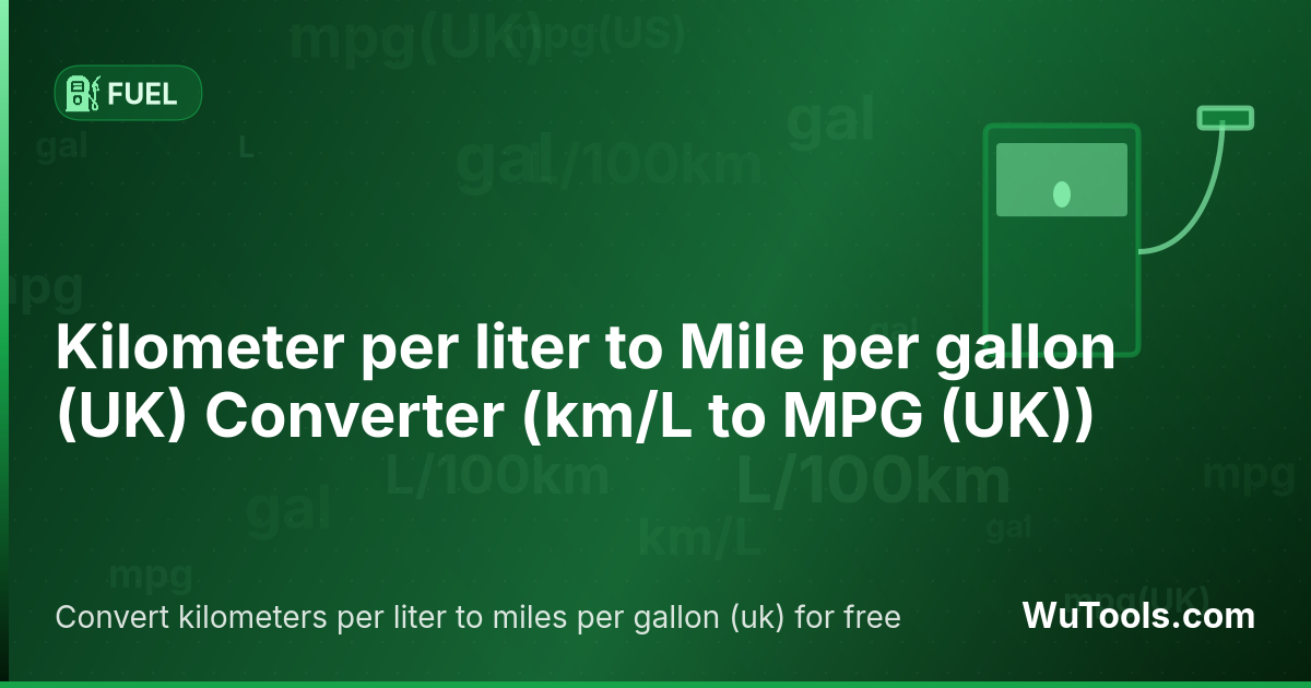 Kilometer per liter to Mile per gallon (UK) Converter — Convert kilometers per liter to miles per gallon (uk) for free. 1 km/L = 0.35400604 MPG (UK). Accurate converter with fo
