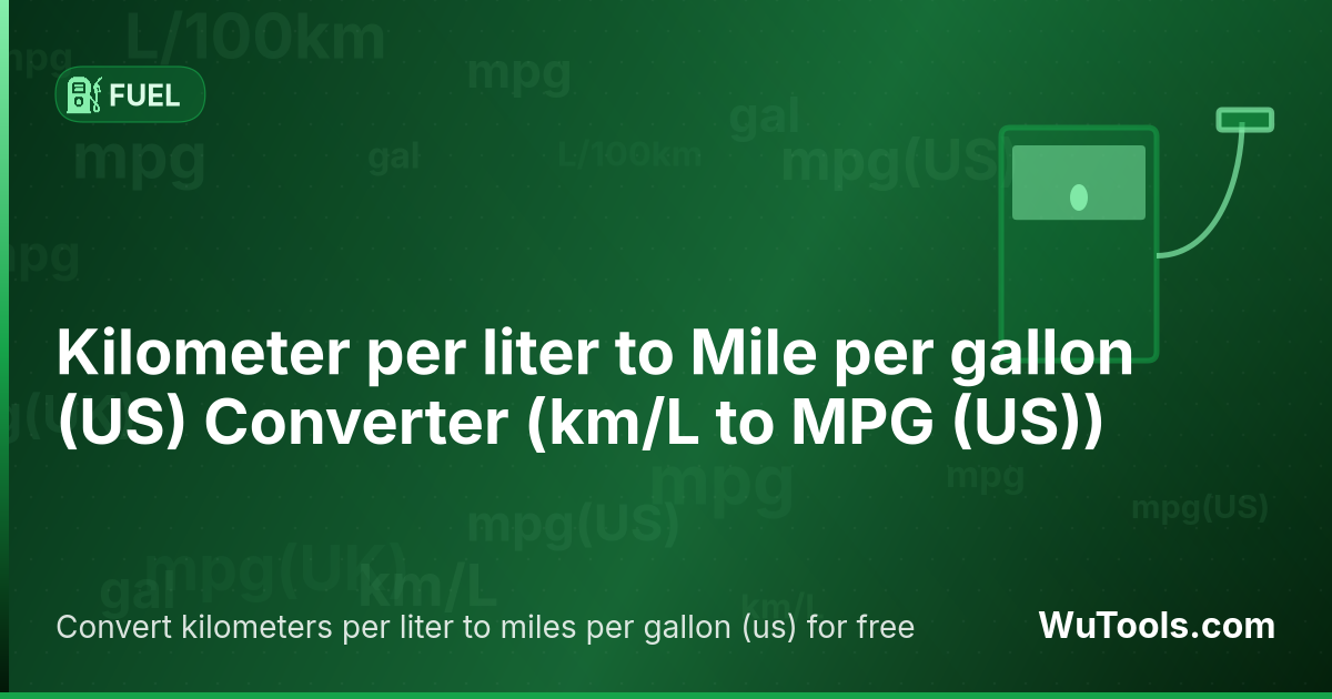 Conversor de Quilômetro por litro para Milha por galão (US) — Converta quilômetros por litro para milhas por galão (us) grátis. 1 km/L = 0.42514371 MPG (US). Conversor preciso com fó