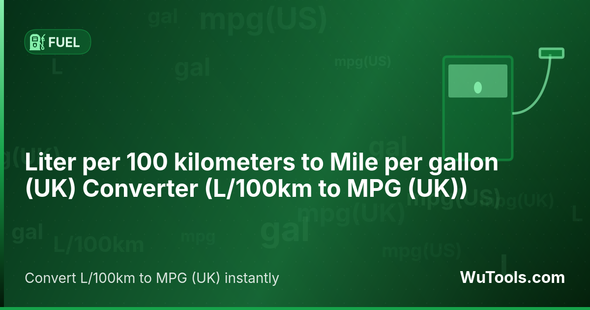 Conversor de Litro por 100 quilômetros para Milha por galão (UK) — Converta litros por 100 quilômetros para milhas por galão (uk) grátis. L/100km = 282.481053 ÷ MPG (UK). Conversor precis